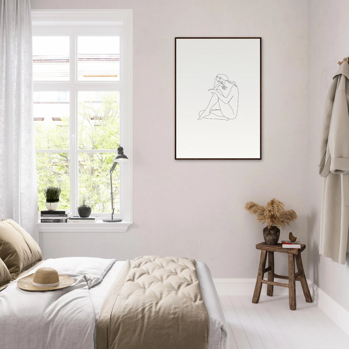 Minimalist bedroom with neutral tones and Mindful Dream Tangles line drawing art