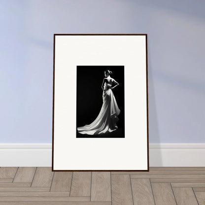 Framed black and white art piece showcasing ephemeral grayscale elegance with a dramatic figure