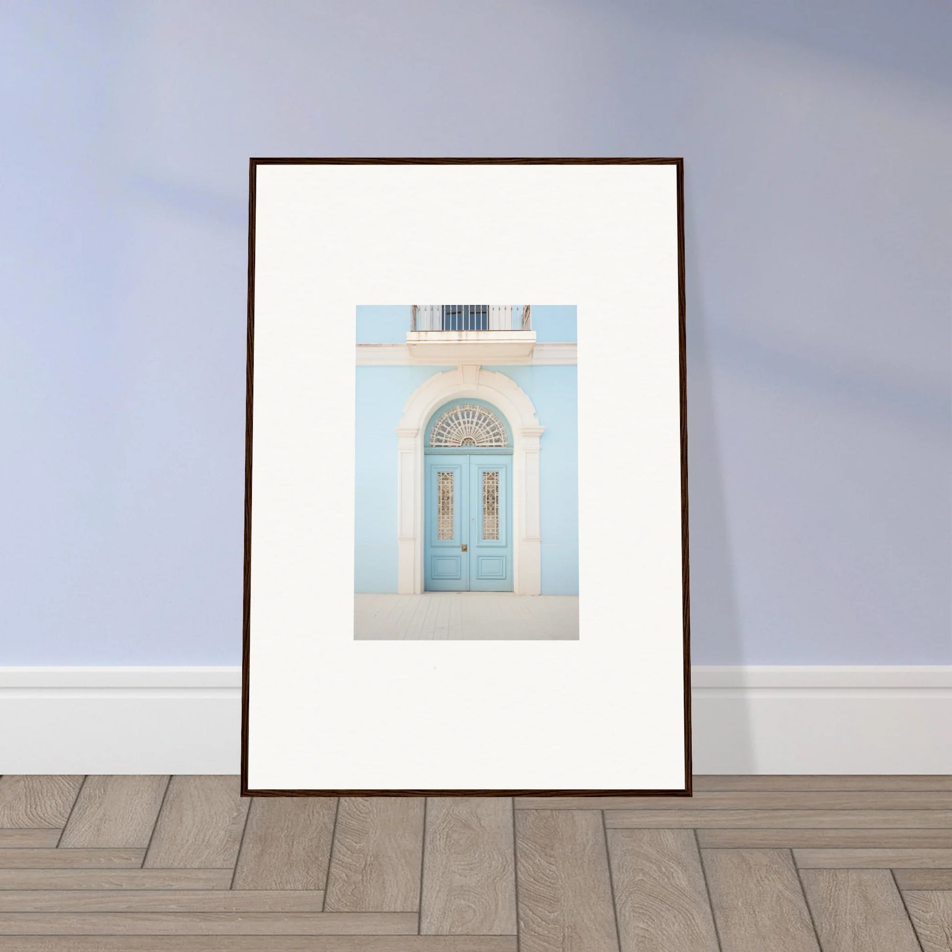 Framed wall art featuring a light blue vintage door in the Delphinium Dream Portal design