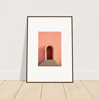 Framed art print of Ethereal Sunset Gateway with a pink arched doorway and stone steps