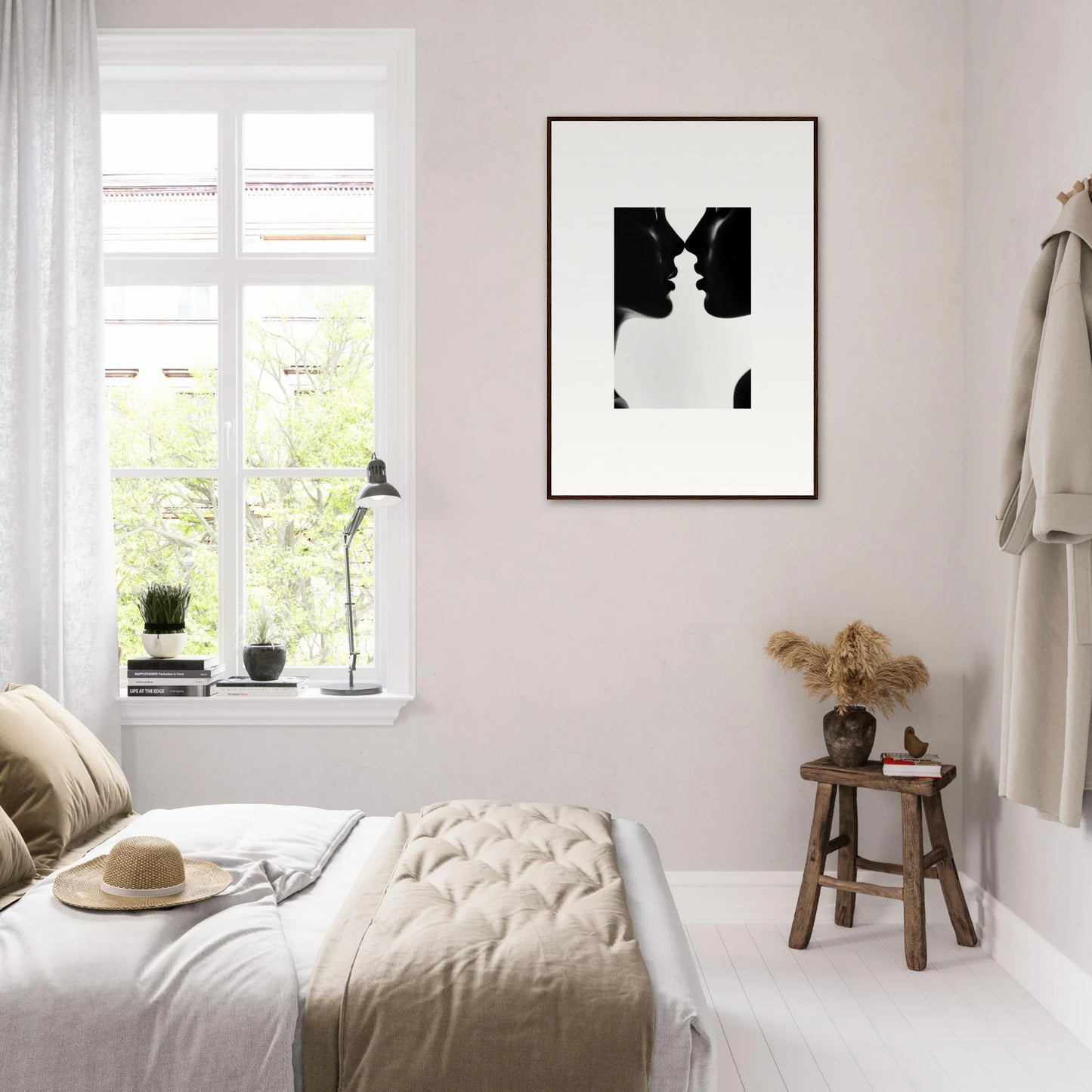 Minimalist black and white bedroom with neutral tones in Whispers Shadowdance Serenaa