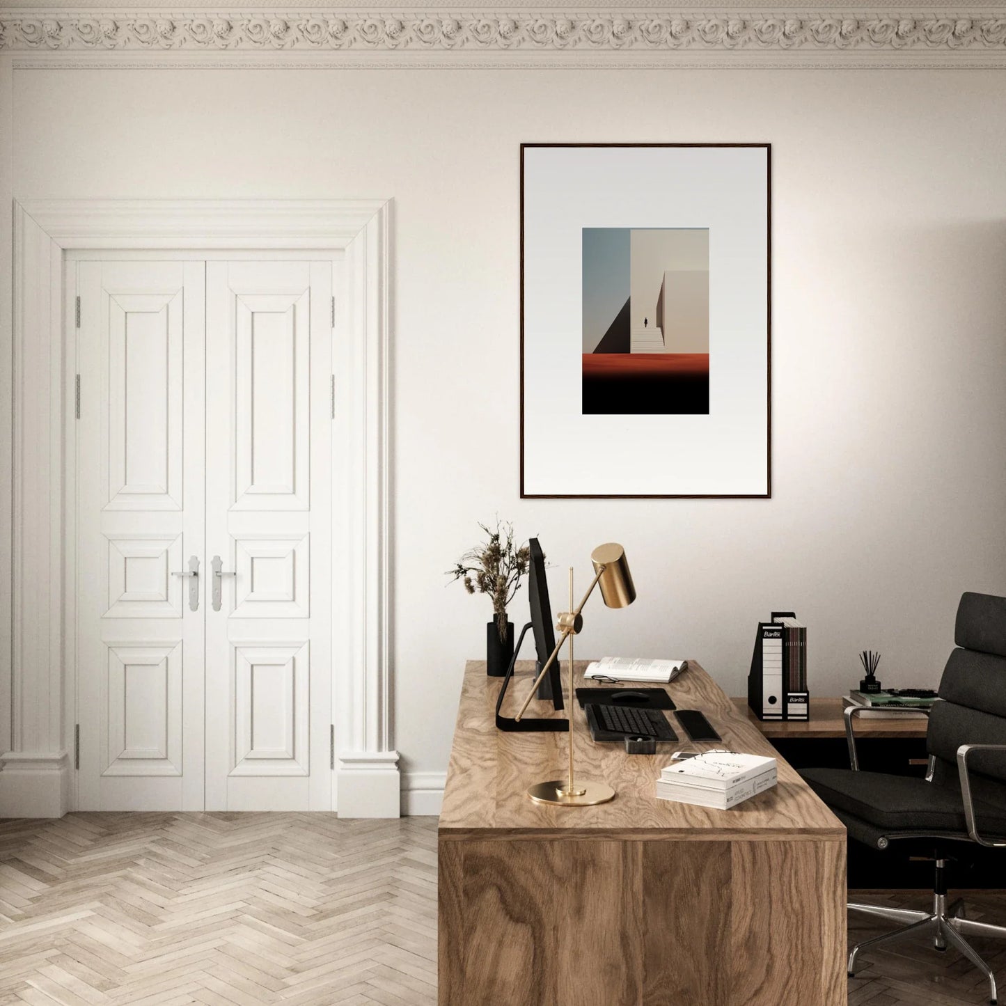 Wooden desk with typewriter and office supplies showcasing Sombra Espérante architecture