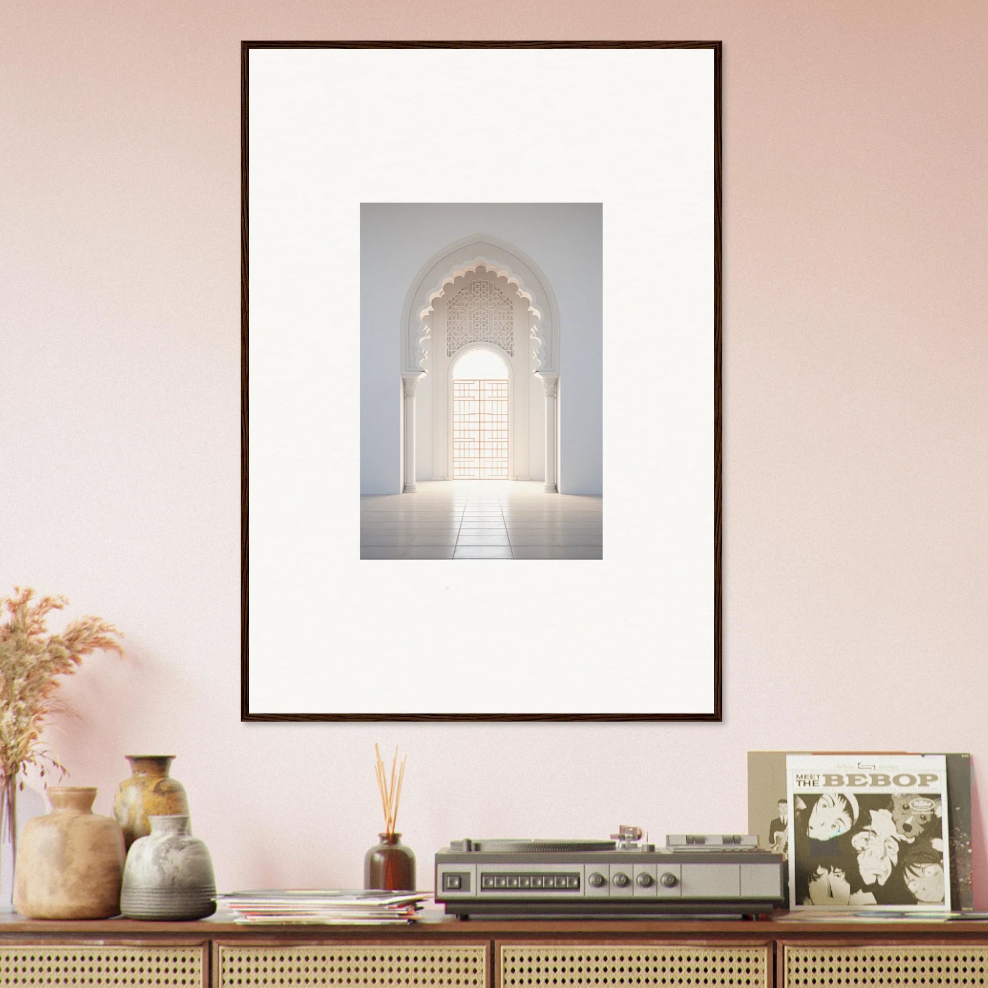 Framed art print of minimalist white archway in Threshold Dreamscapes Portal design