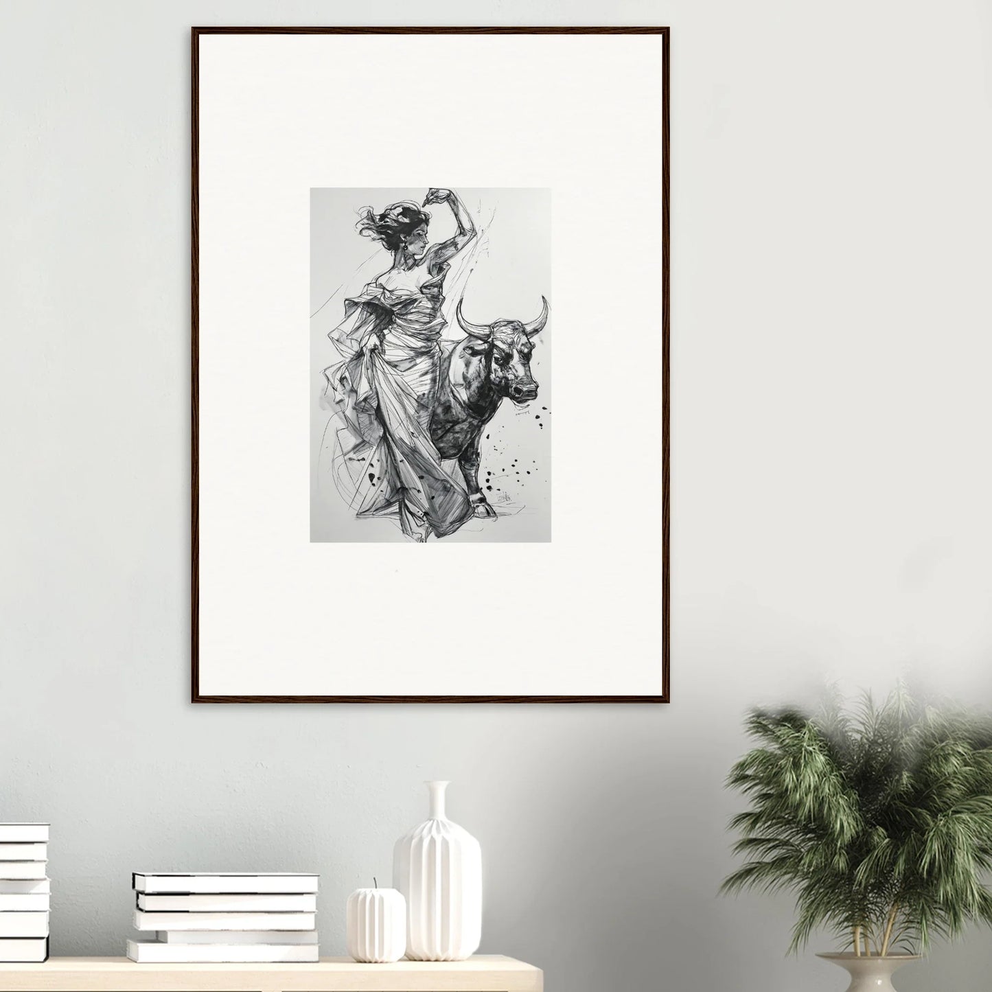 Framed black and white sketch of a bullfighter and bull from Tauripe Mystique Visions