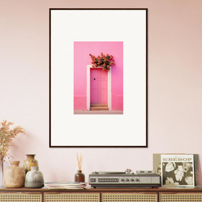 Framed wall art of a pink door with floral decor in Quantum Pink Serenade design