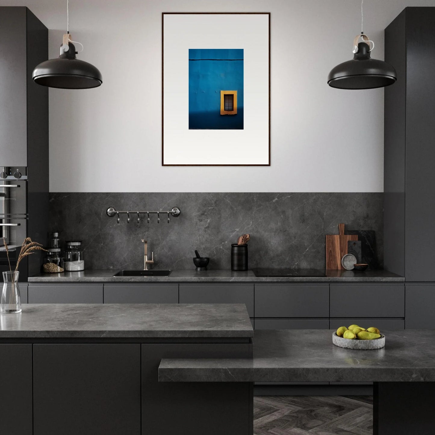 Modern dark gray kitchen with black lights and blue artwork from Hypercolor Dreamscape Longitude