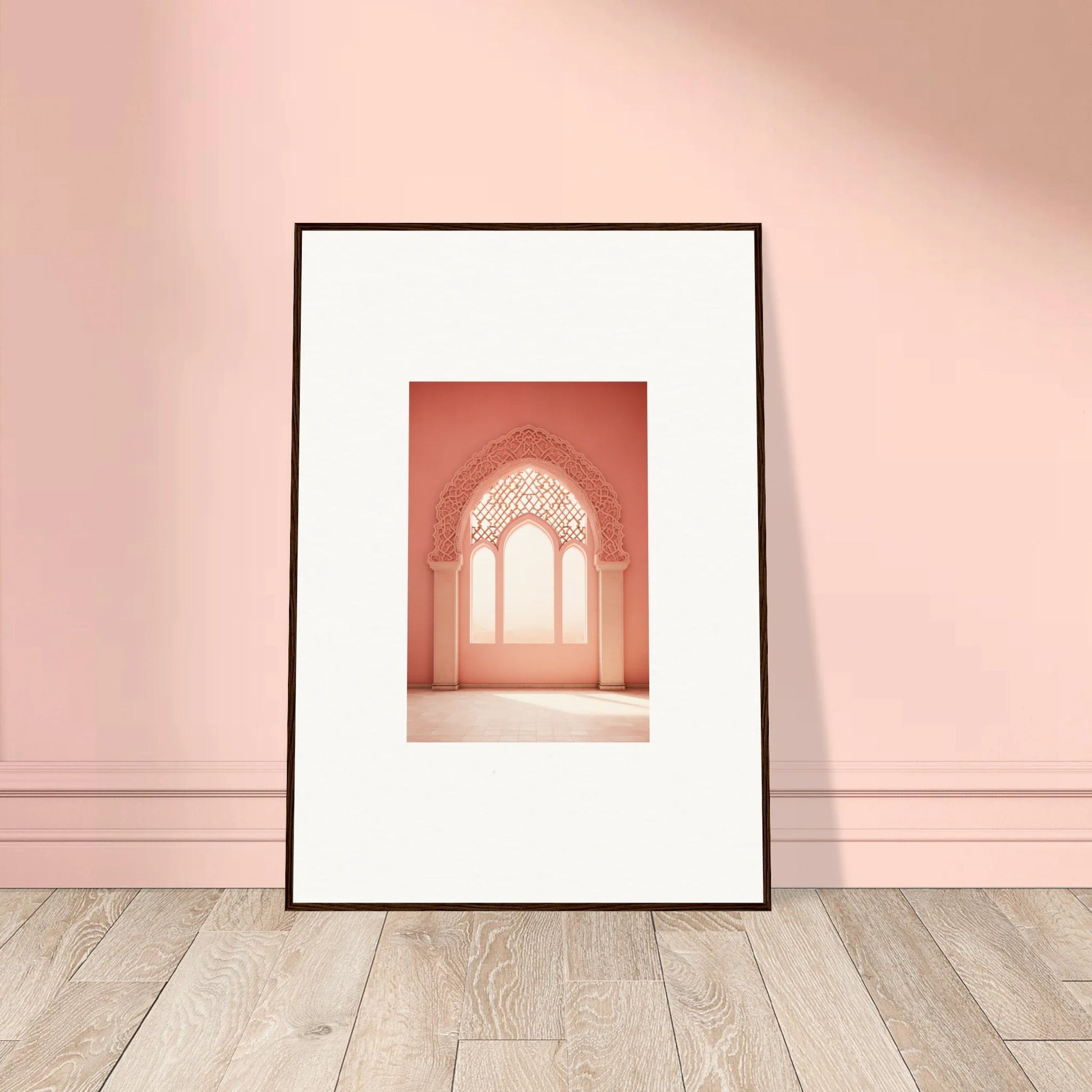 Framed wall art of ornate Gothic-style window in coral pink from Versaille Sunset Reimagined