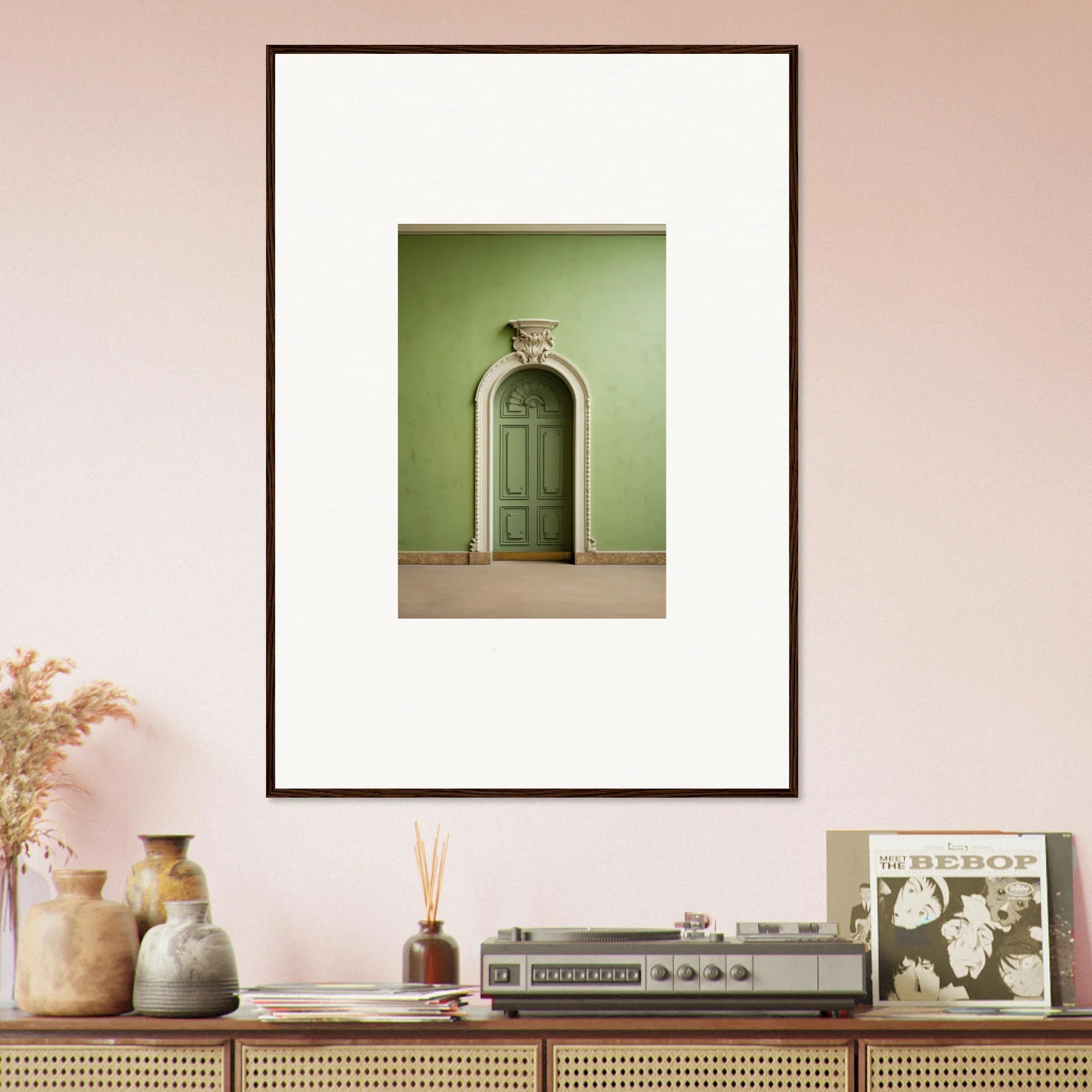 Framed wall art of a mint green arched doorway in Verdant Illusion Sphere design