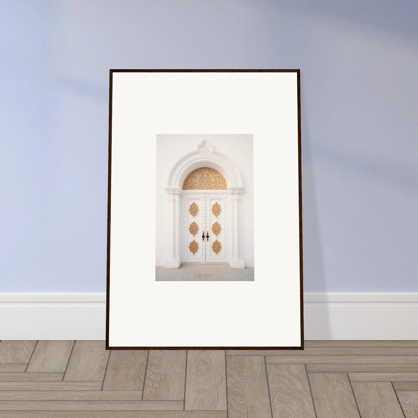 Framed wall art of an ornate white door from Gilded Mirage Passage special edition art™