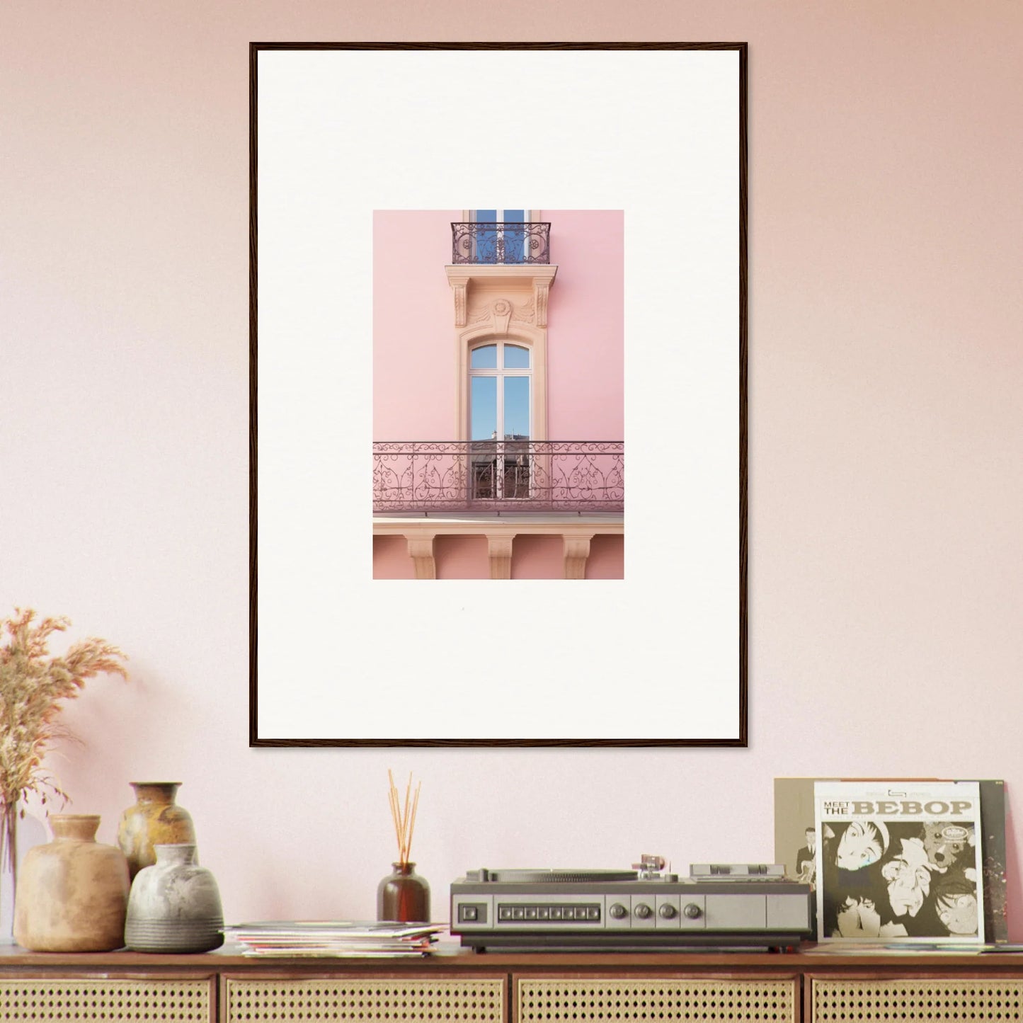 Framed wall art of a pink building with ornate window, Dusky Dream Balustrade design