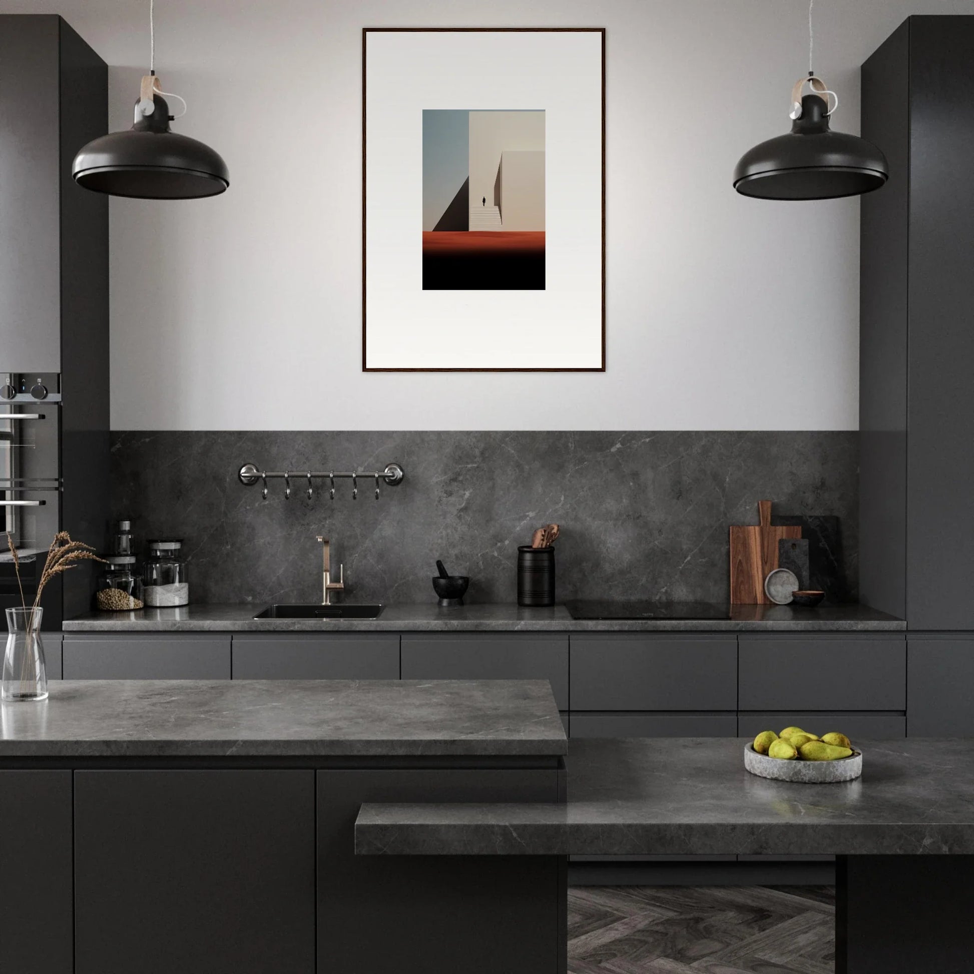 Modern dark gray minimalist kitchen with industrial lights from Sombra Espérante Architecture