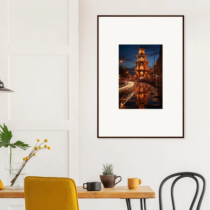 Framed wall art of luminous Neo’ici Dops reflecting church tower at night