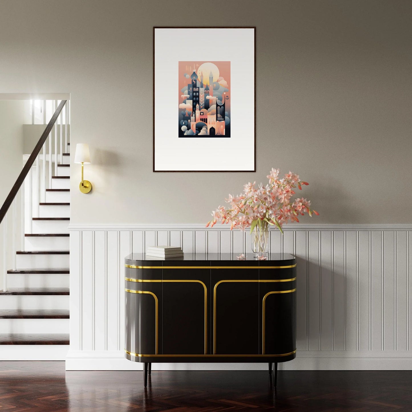 Art Deco black credenza with gold trim, part of the Ephemeral Castle Whispers collection