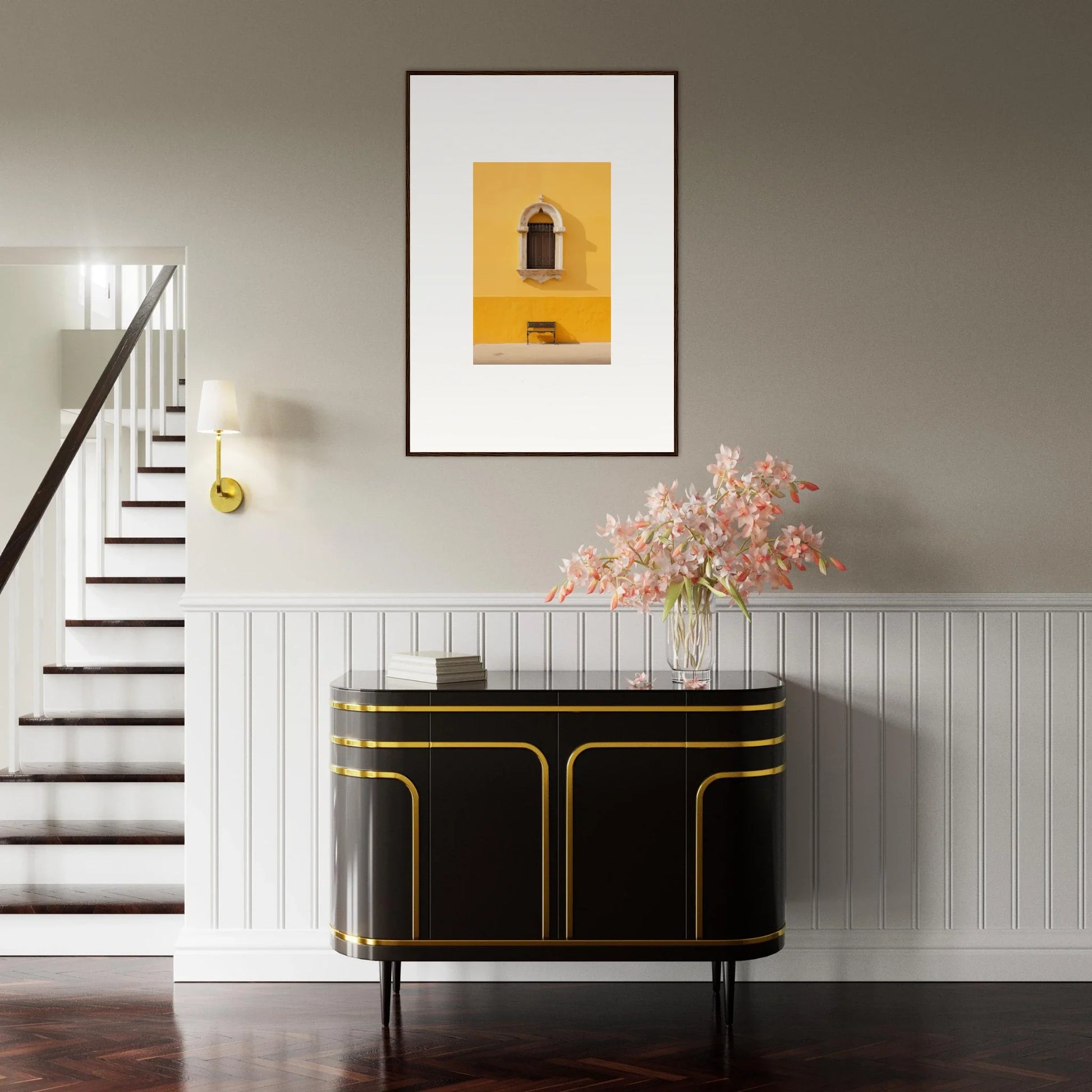 Art Deco black cabinet with gold trim, perfect for showcasing premium framed wall art