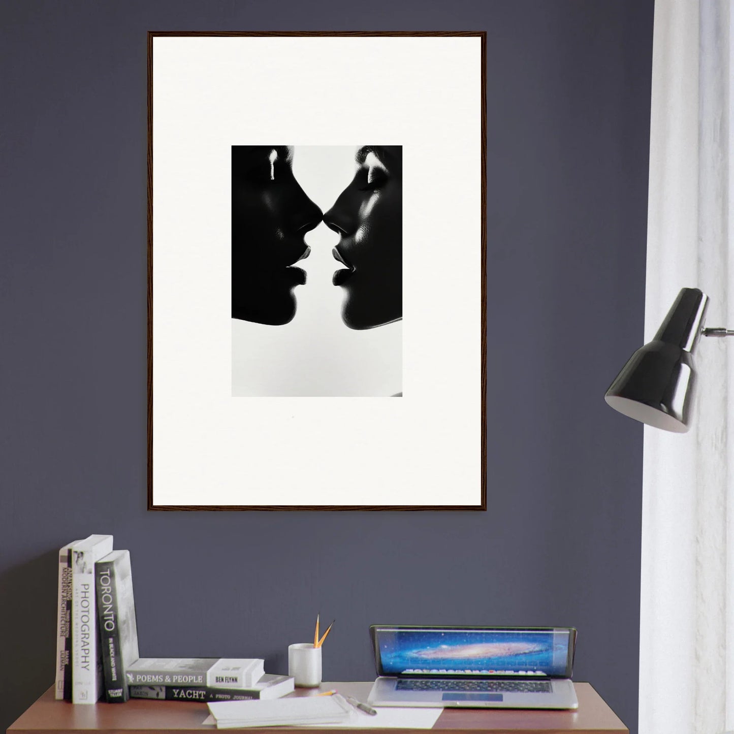 Black and white print of silhouetted profiles for Eclipsing Soulcare Kisses art