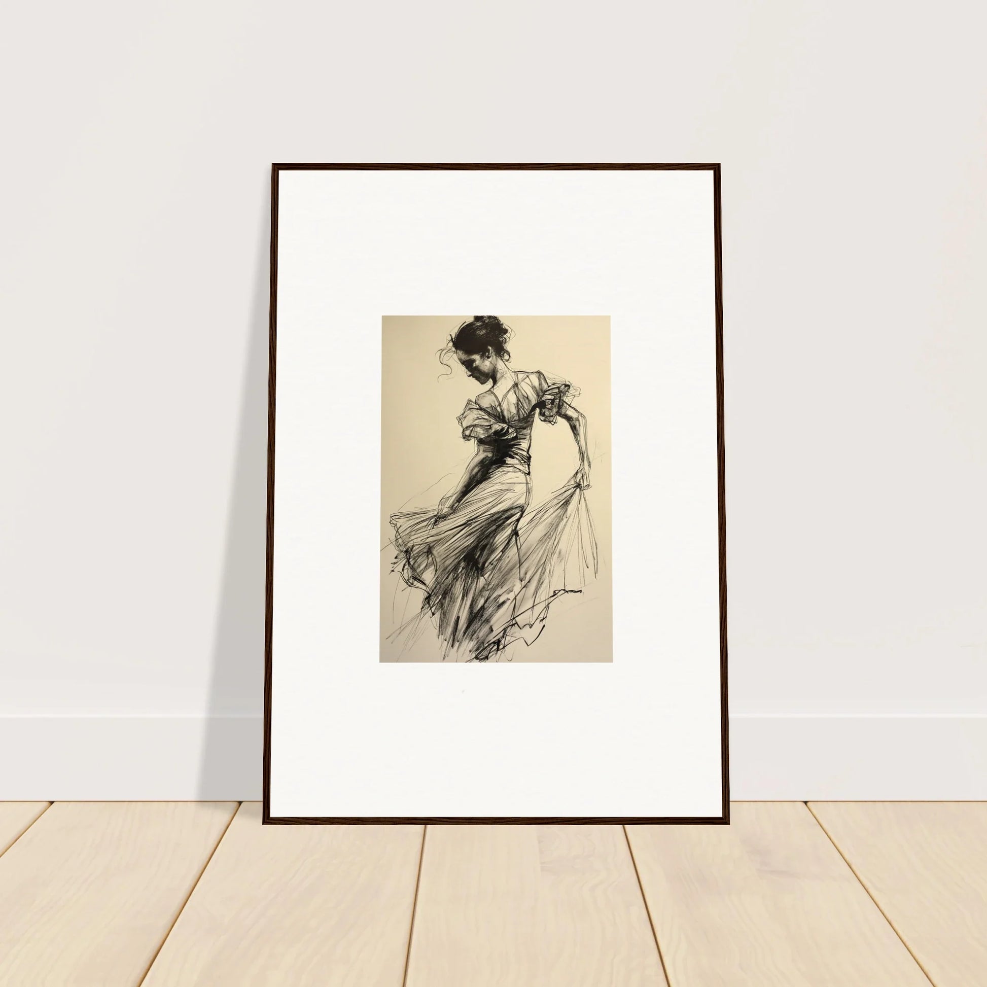 Framed black and white sketch of a figure in flowing dress from Ethereal Pause Beneath