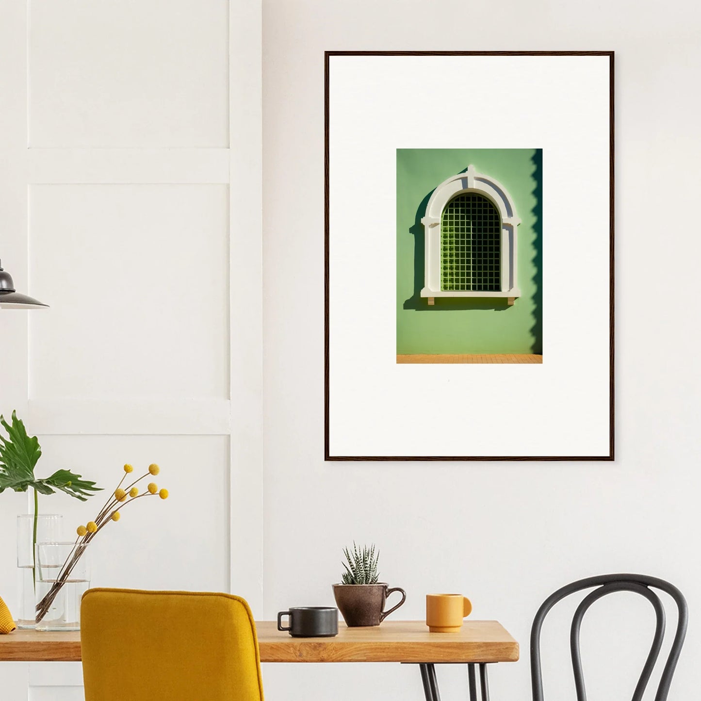 Framed Visible Equilibrium Window art print with green bars on a mint wall