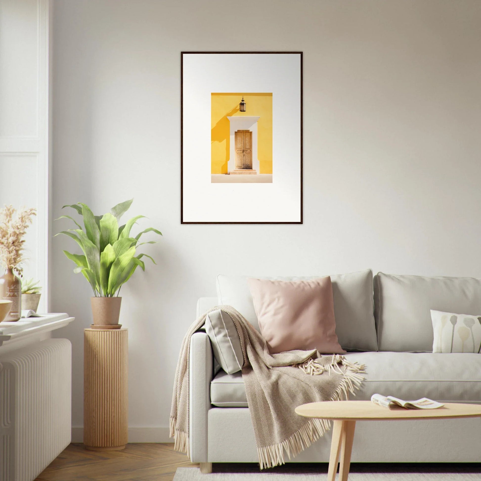 Light gray sofa styled with pink and beige pillows, perfect for the Golden Hue Portal