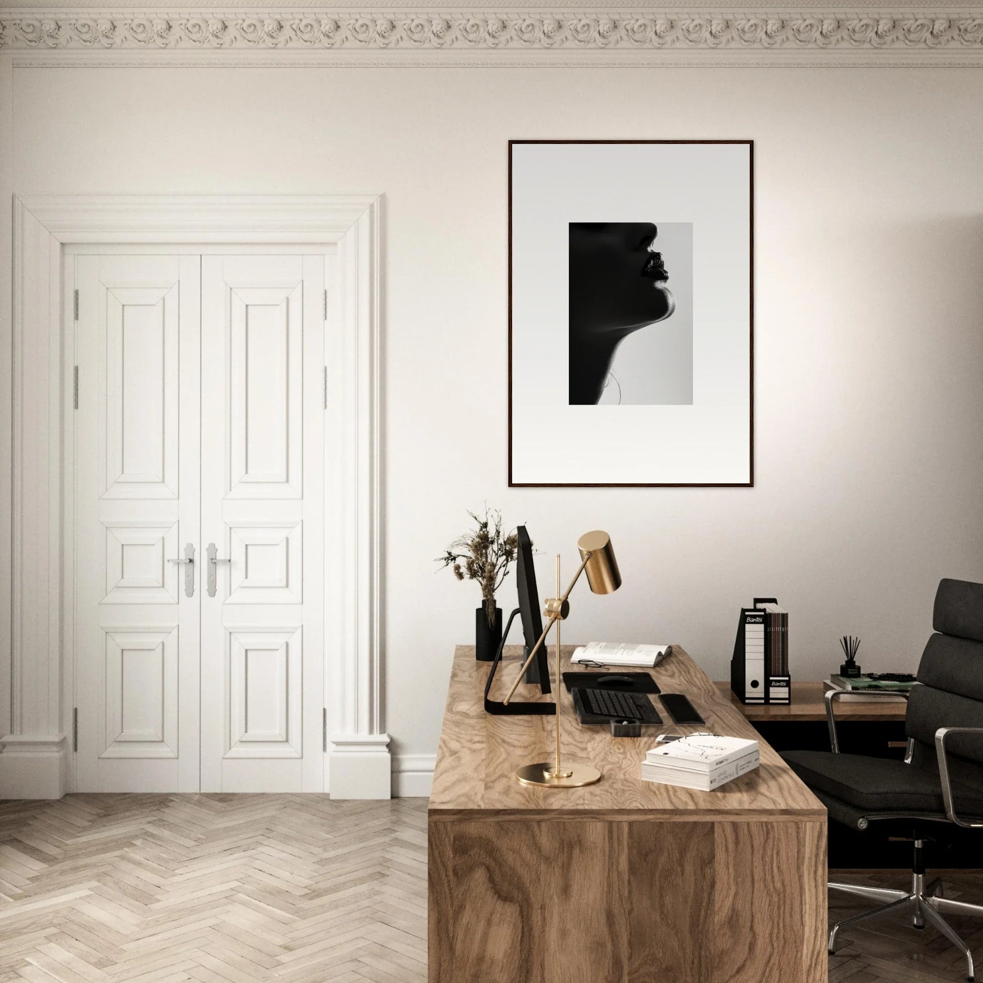 Minimalist home office with wooden desk and vintage typewriter in Shadowed Whisper Immanence