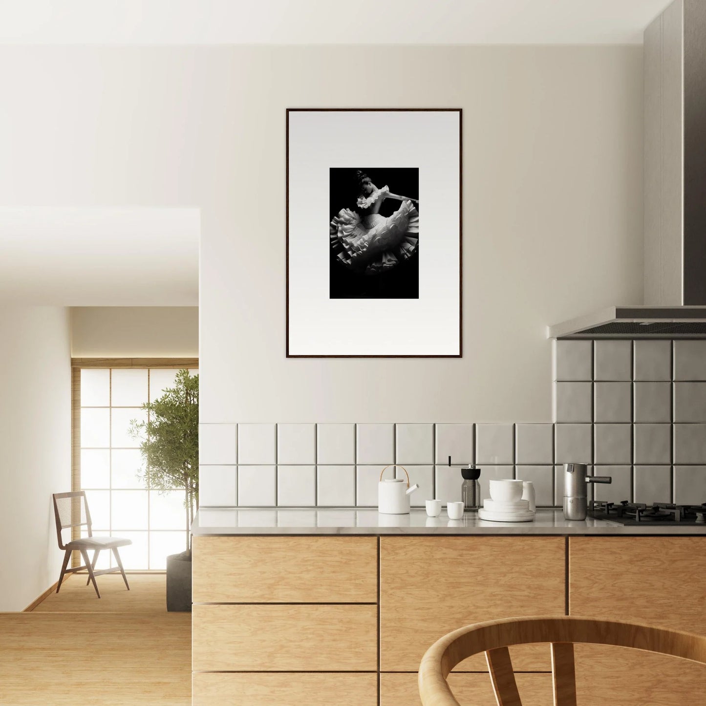 Framed black and white Swirled Dream Dancer on a white wall showcasing premium art