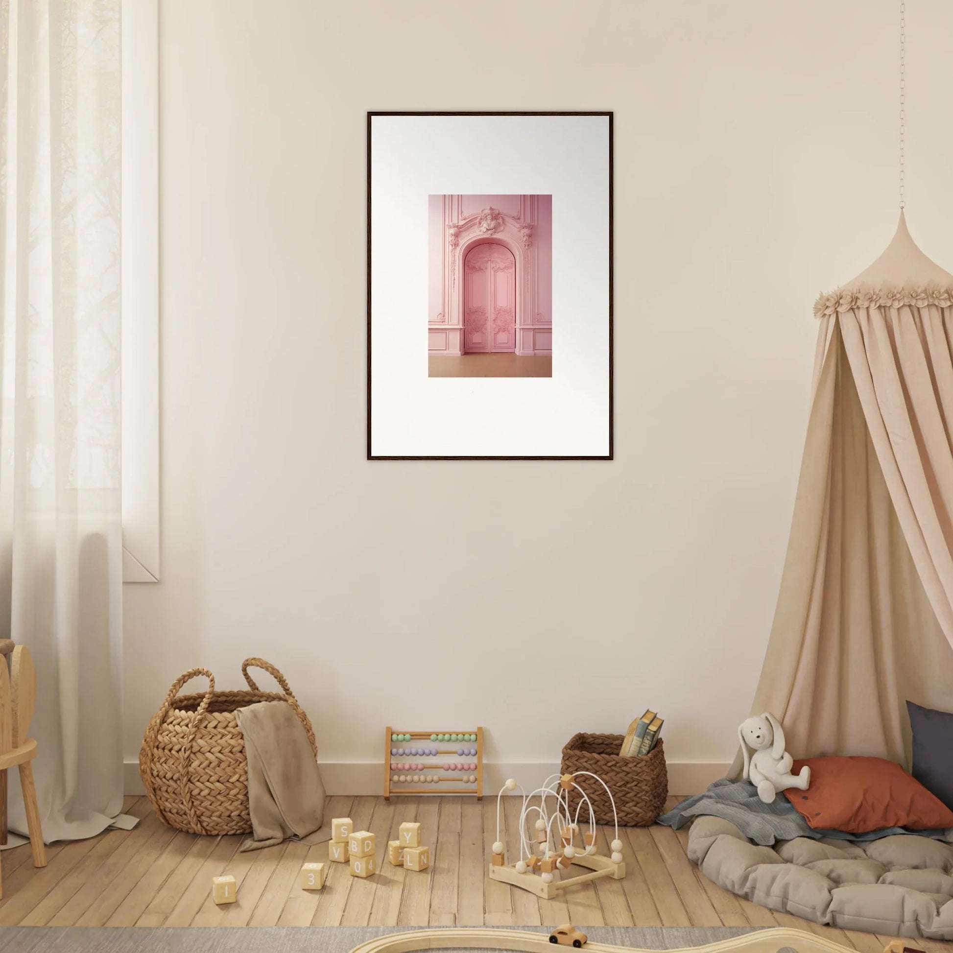 Framed pink architectural art with an ornate arched doorway from Gentle Whims Myths