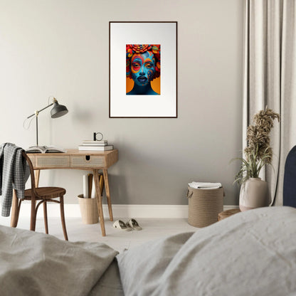 Framed canvas print featuring vibrant blue-skinned face for unique room decoration
