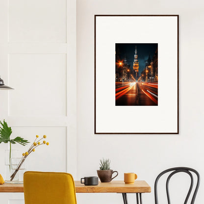 Framed Umbra Urban Nocturne photo of city street at night with light trails and tower