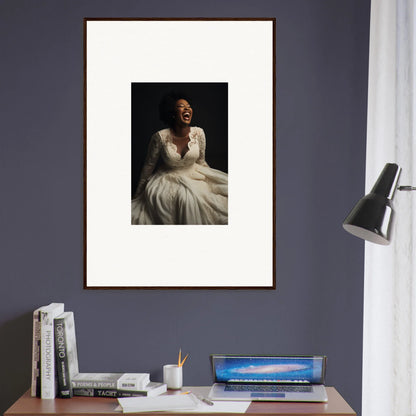 Framed black and white portrait of joy in a wedding dress, Luminescent Joy Echoes art