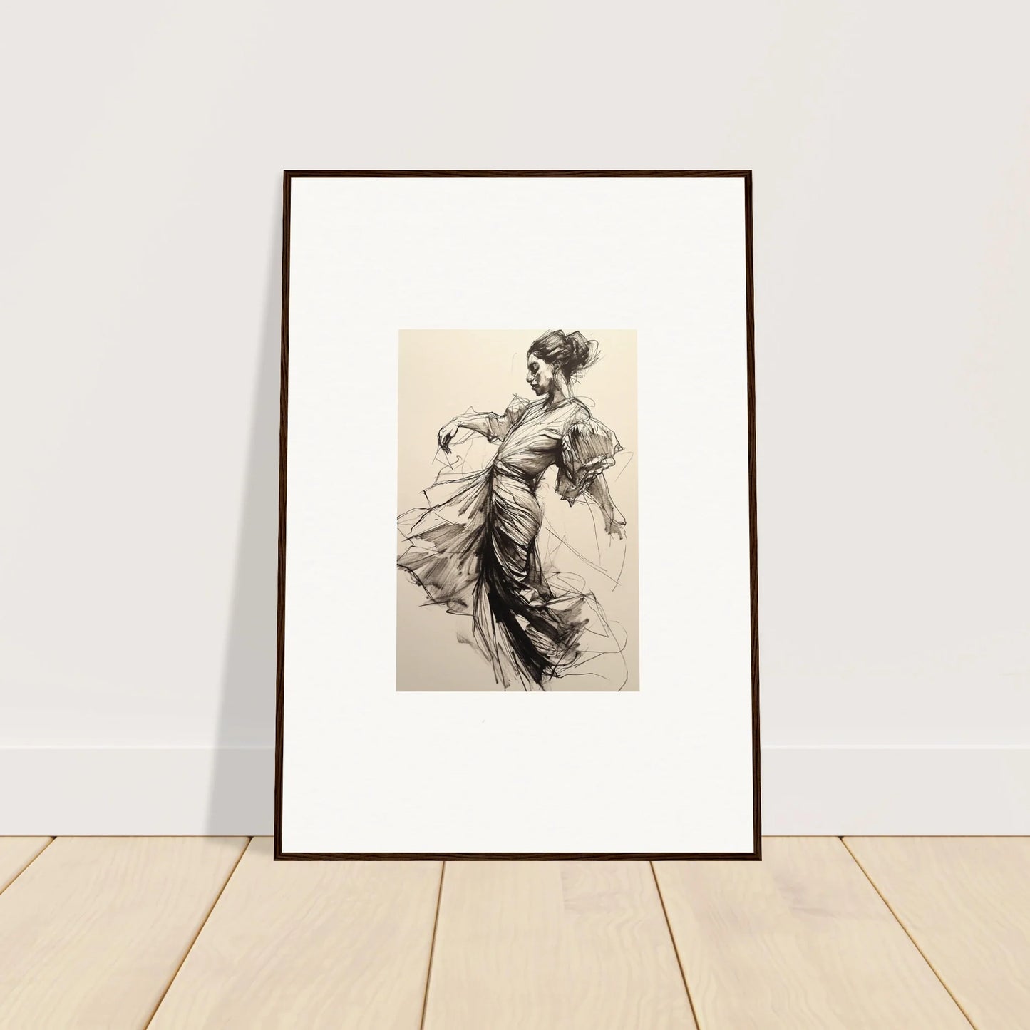 Framed wall art of a dancer in flowing dress from Whirling Midnight Form collection