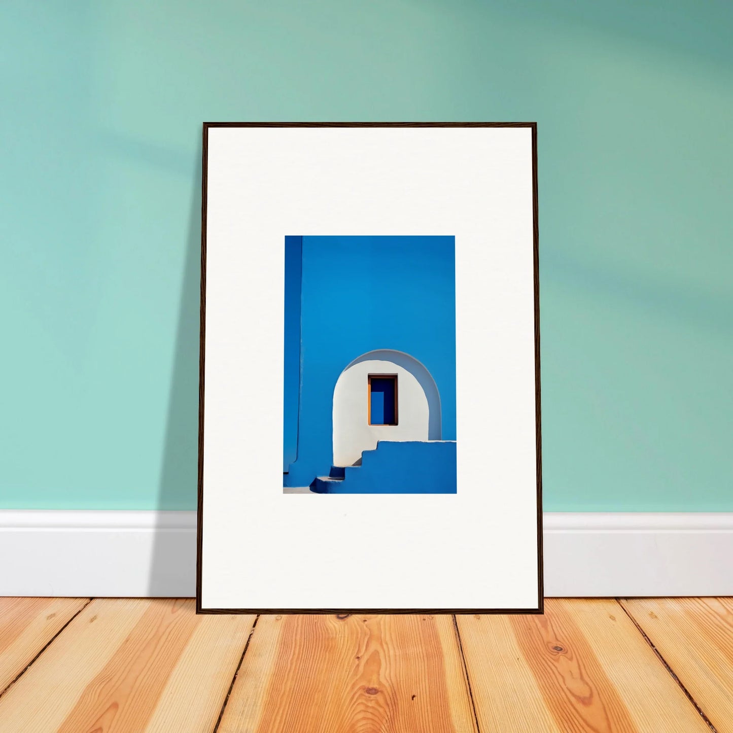 Framed wall art of a stunning blue and white Mediterranean archway in Doorway of Dreams