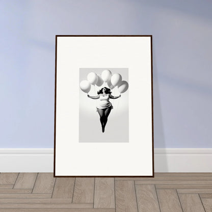 Black and white framed wall art of an ice cream cone with balloons, Rosy Liberties Soar