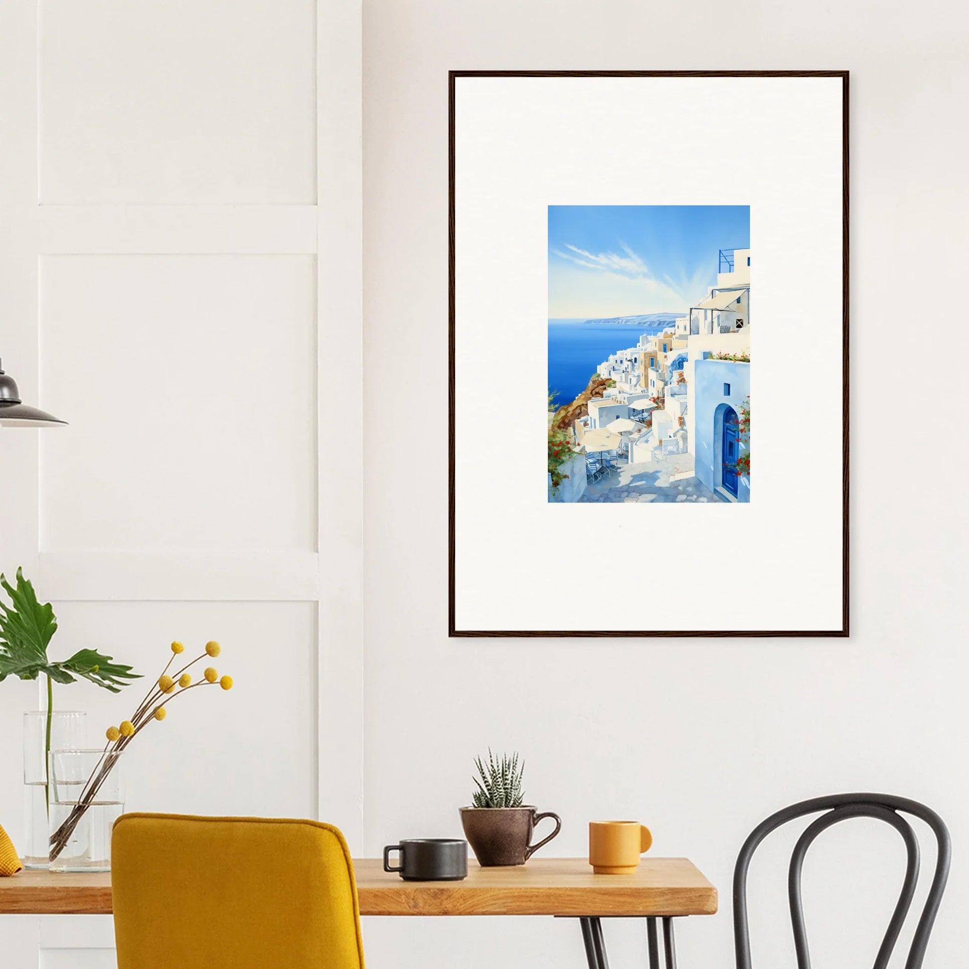 Framed Mediterranean Serenity Remastered artwork of Santorini’s white buildings and blue sea