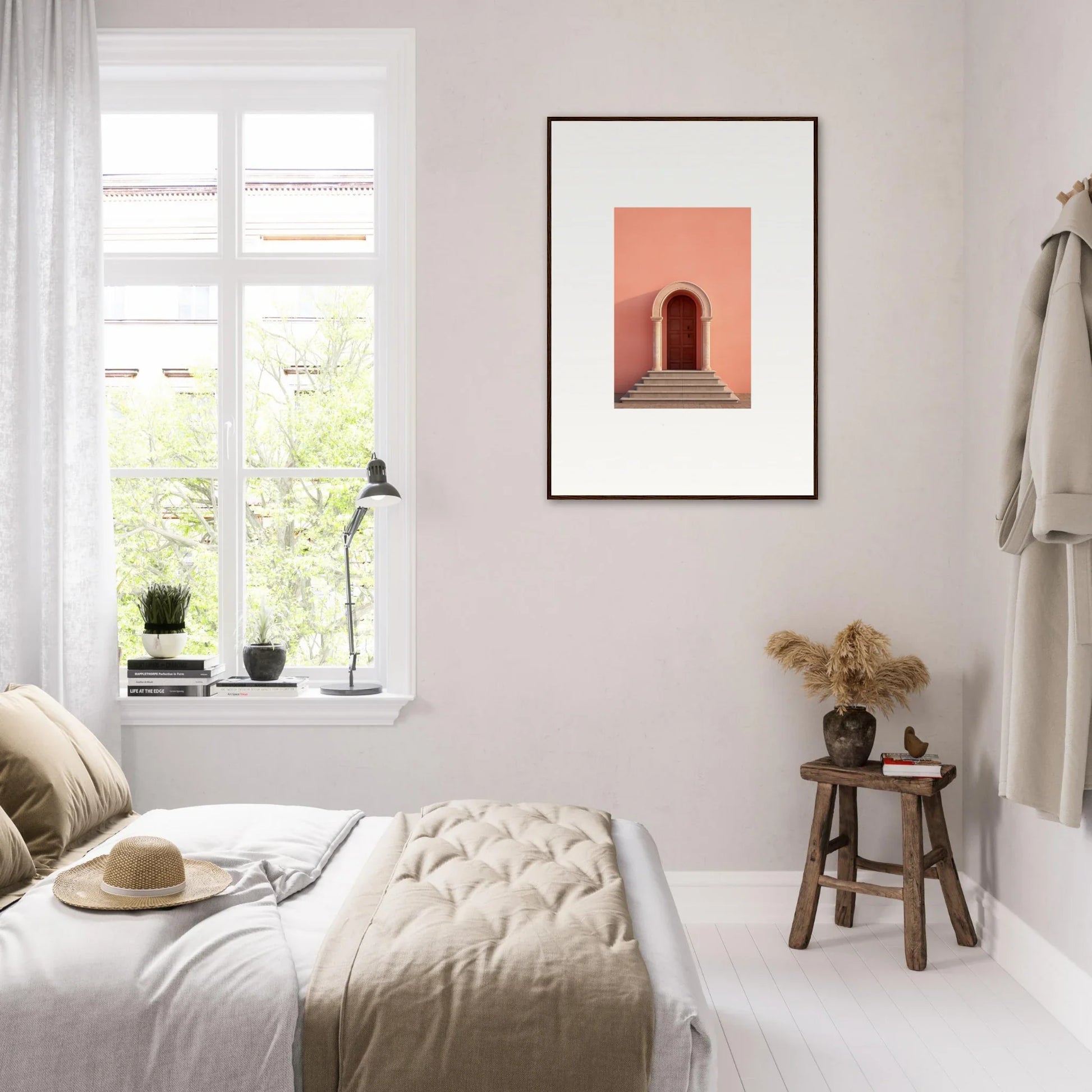 Minimalist bedroom featuring Ethereal Sunset Gateway print in coral-colored archway