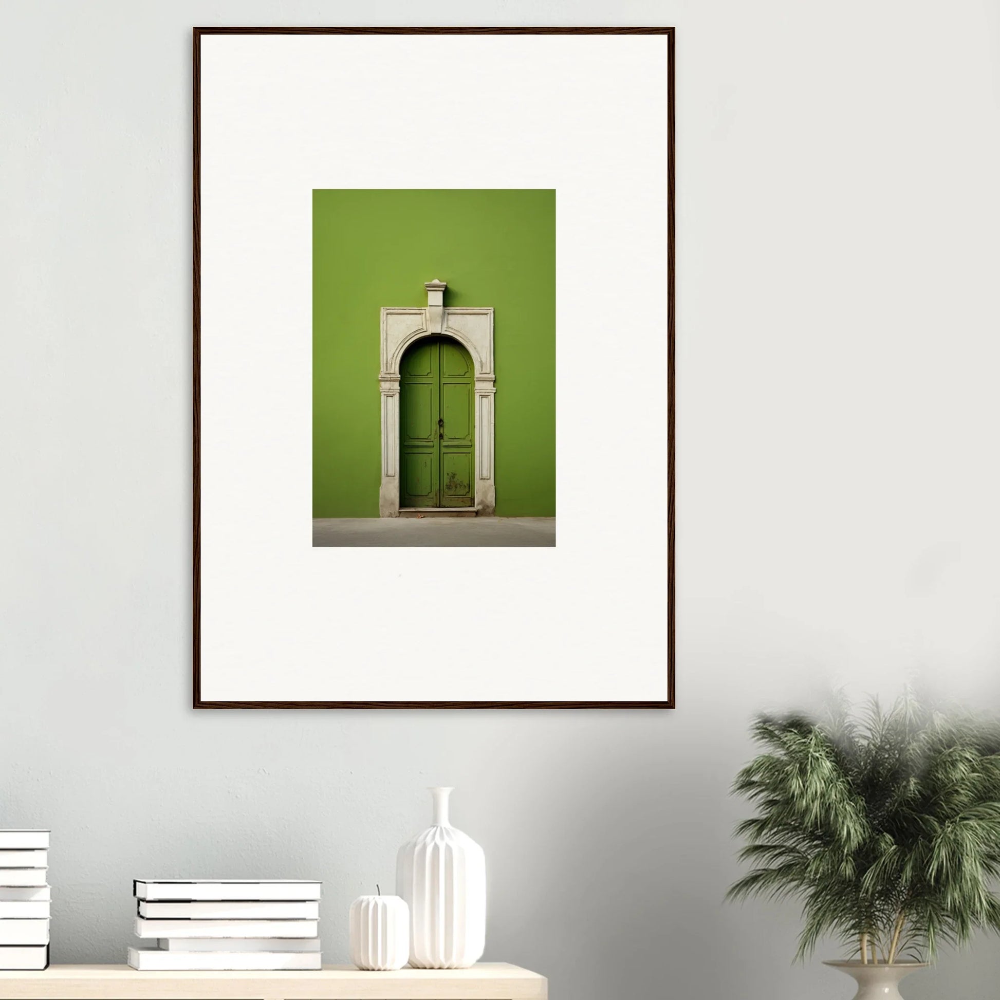 Green Origins special edition art™ featuring a lush green wall and ornate white-framed door