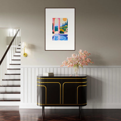 Stylish black sideboard with gold trim for chic room decoration in Sunlit Oasis