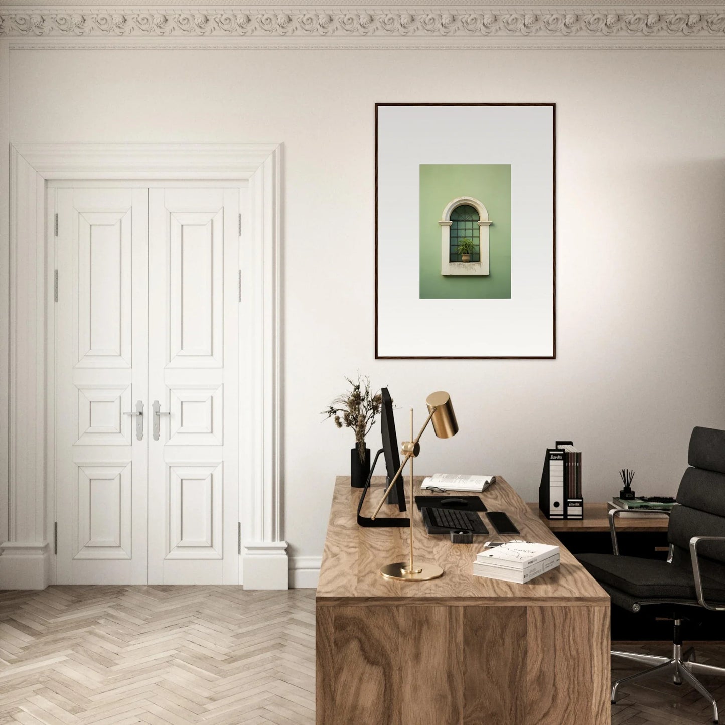 Wooden desk with typewriter and office supplies, featuring Eggshell PandæmonIA Bliss art