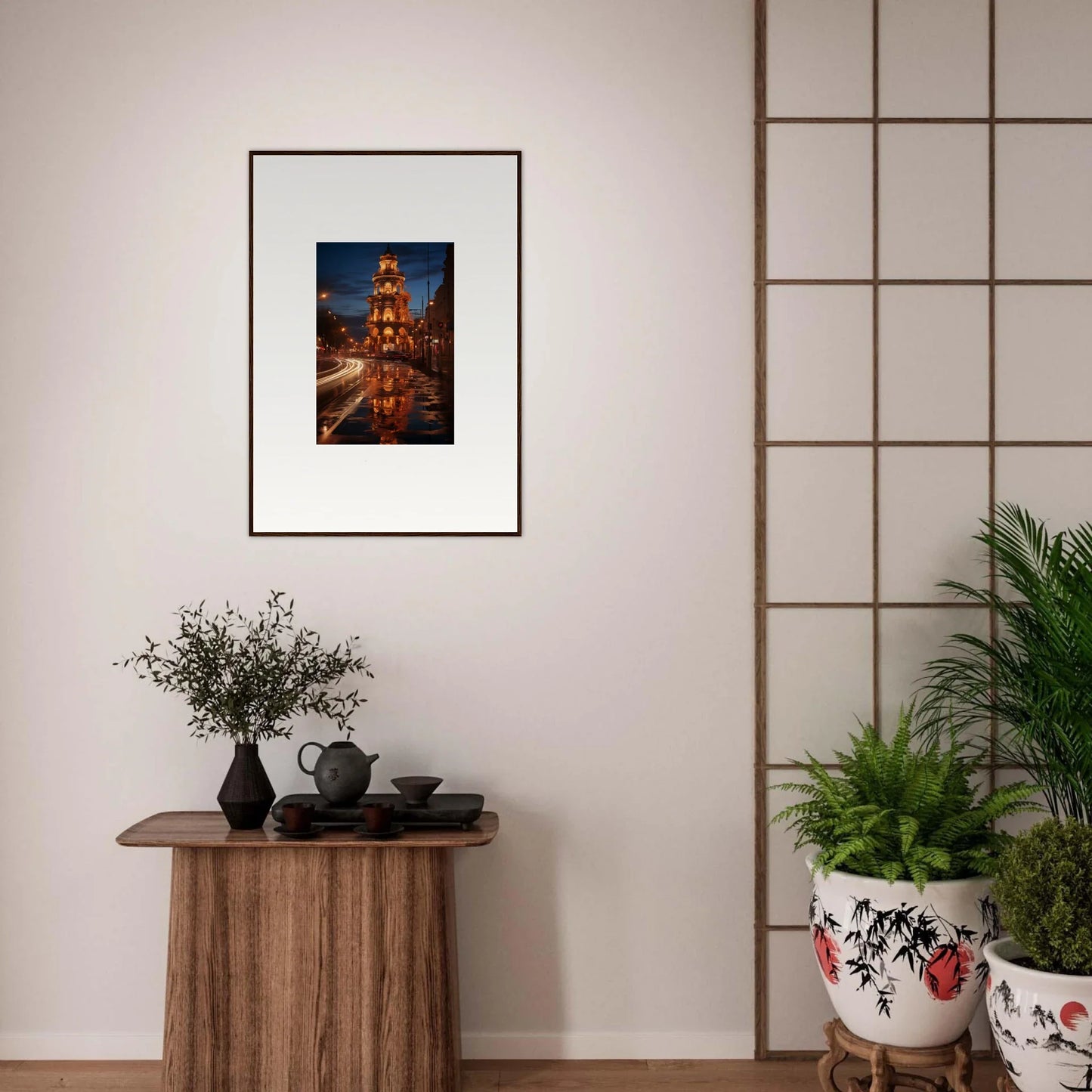 Framed wall art of a luminous pagoda at night in the Luminous Neo’ici Dops series