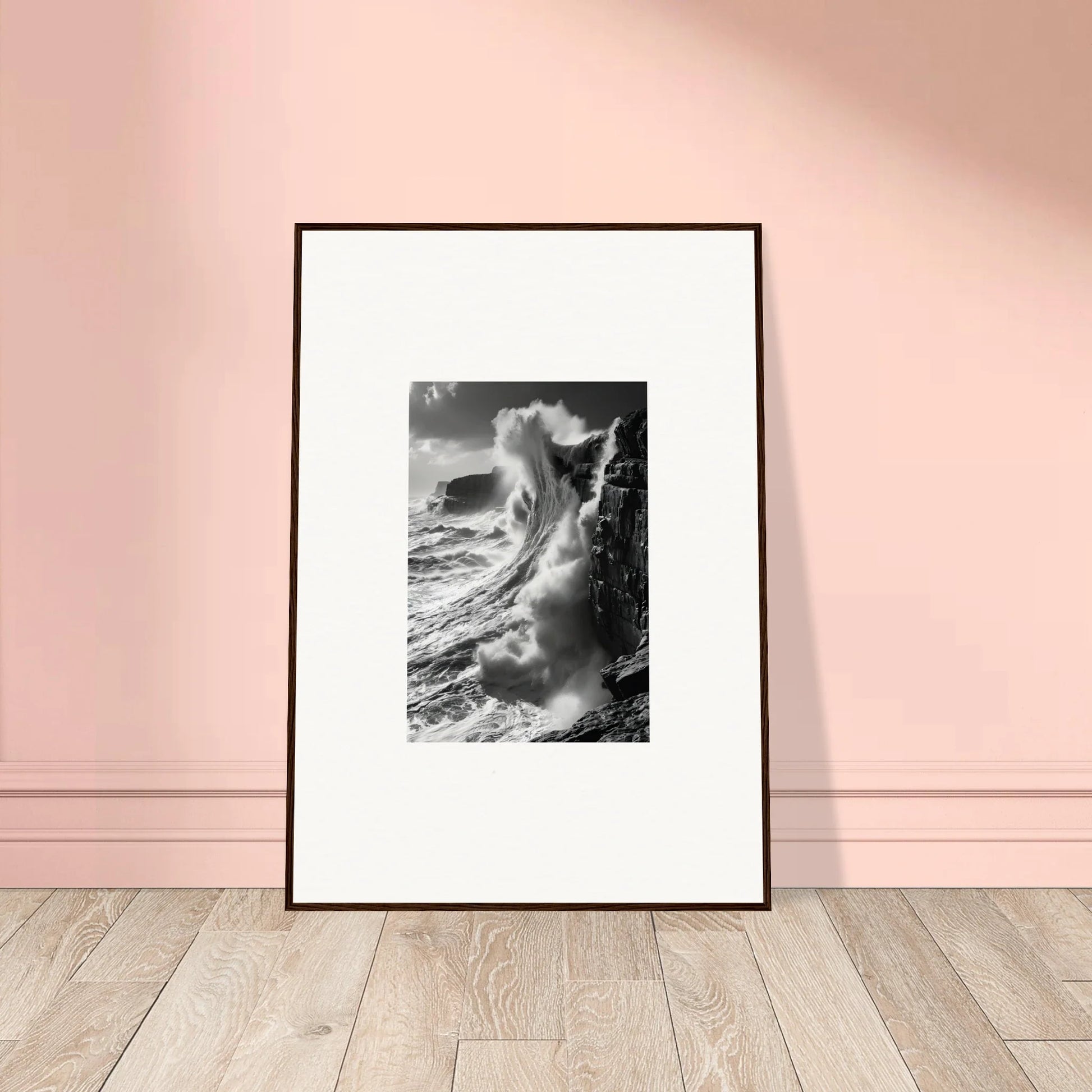 Framed black and white art of a wave crashing on a lighthouse in Tidal Curved Reality