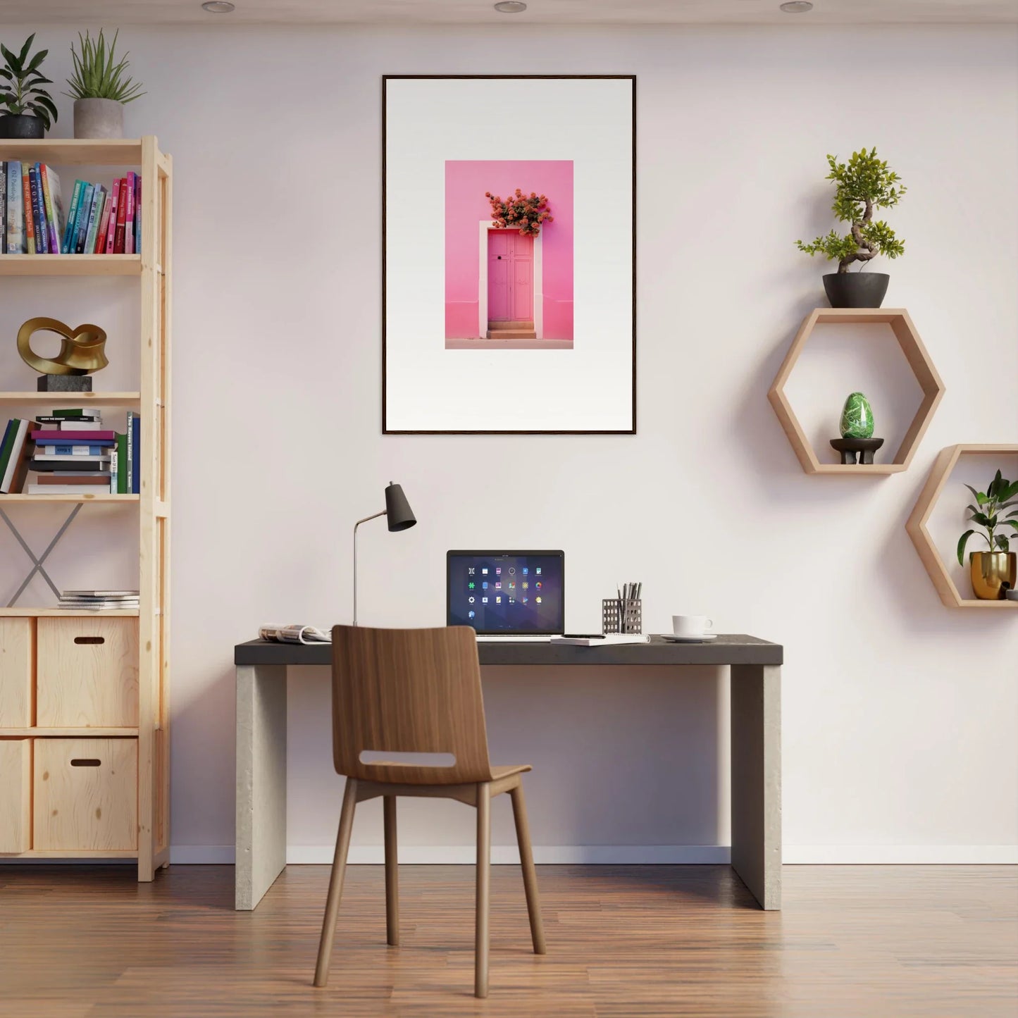 Modern home office with Quantum Pink Serenade framed wall art and sleek dark desk