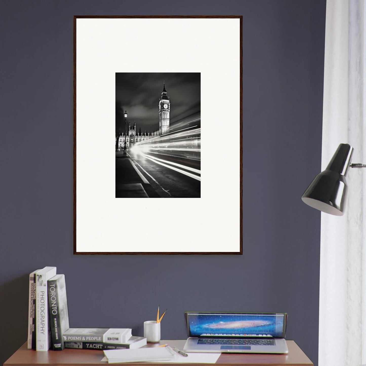 Framed black and white photo of Big Ben with light trails, perfect for premium framed wall art