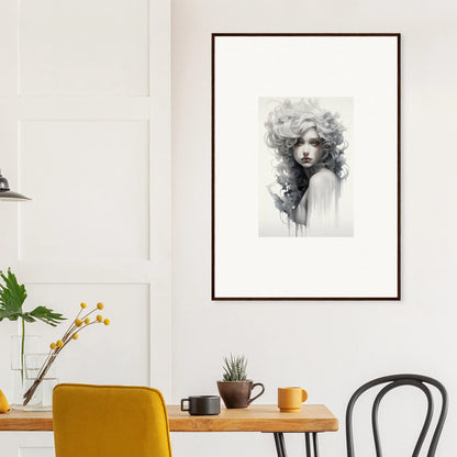 Framed black and white artwork of Visions Veil Morphling with flowing hair and soft features