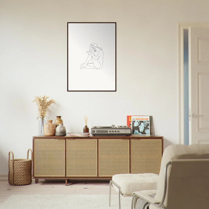 Rattan-fronted wooden credenza showcasing decorative pieces for Mindful Dream Tangles