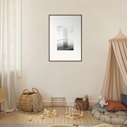 Framed wall art of a lighthouse in fog, perfect for Dreamer’s Vanishing Silhouette