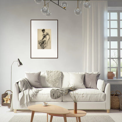 White sofa styled with gray and cream pillows, perfect for Shadow Waltz decor