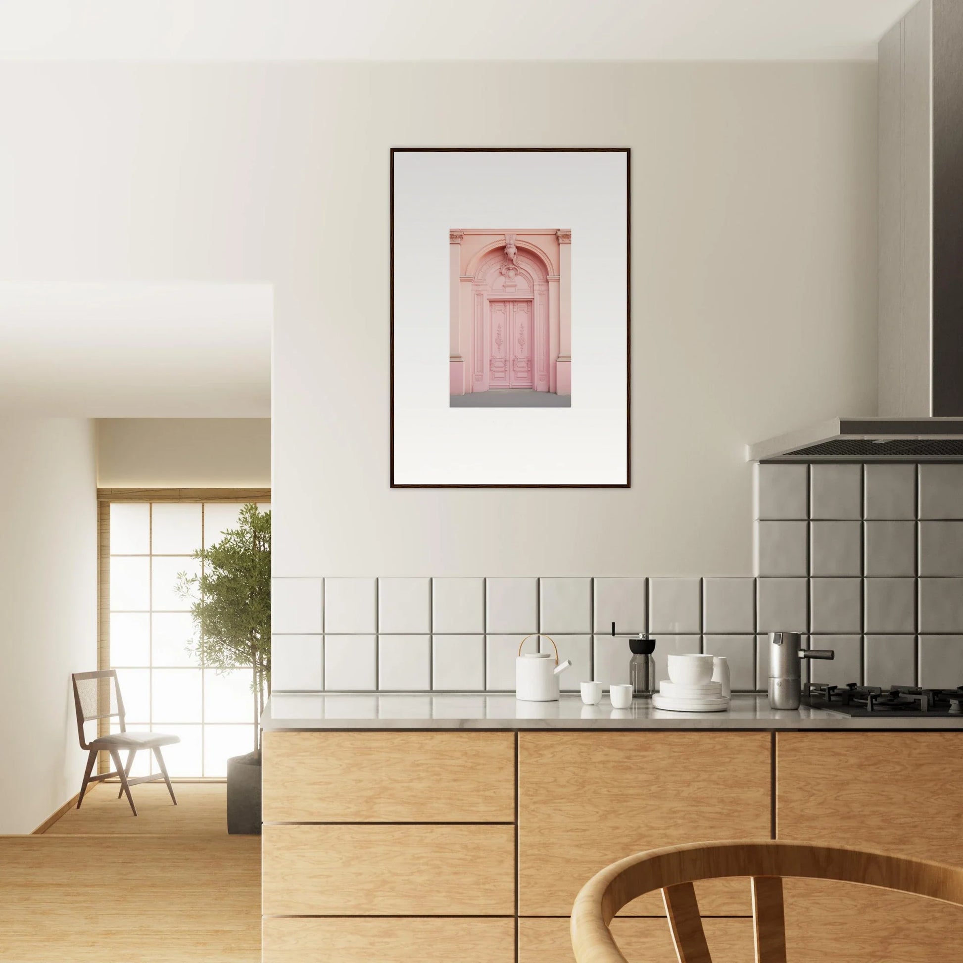 Modern kitchen featuring Porphyr Pink Processions art with light wood cabinets and white tile