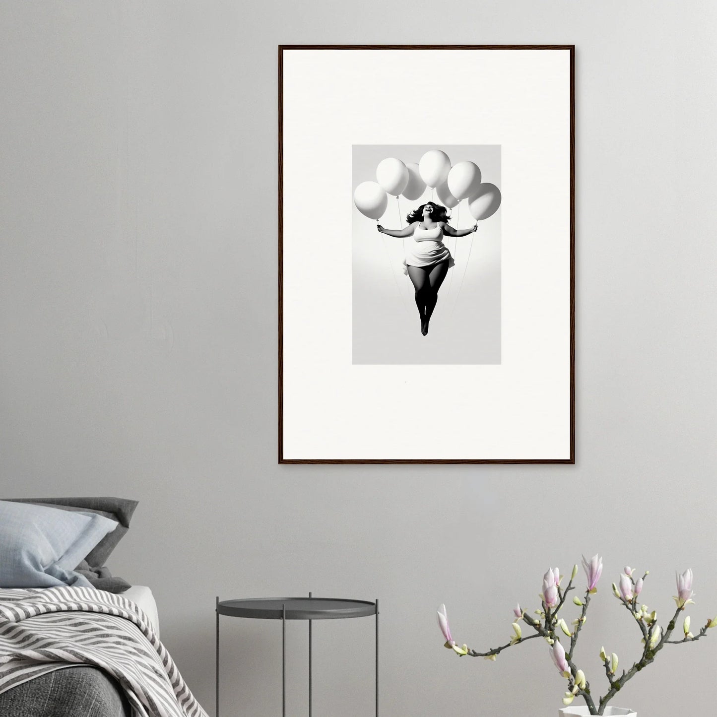 Black and white framed wall art of Rosy Liberties Soar with balloons as an ice cream scoop