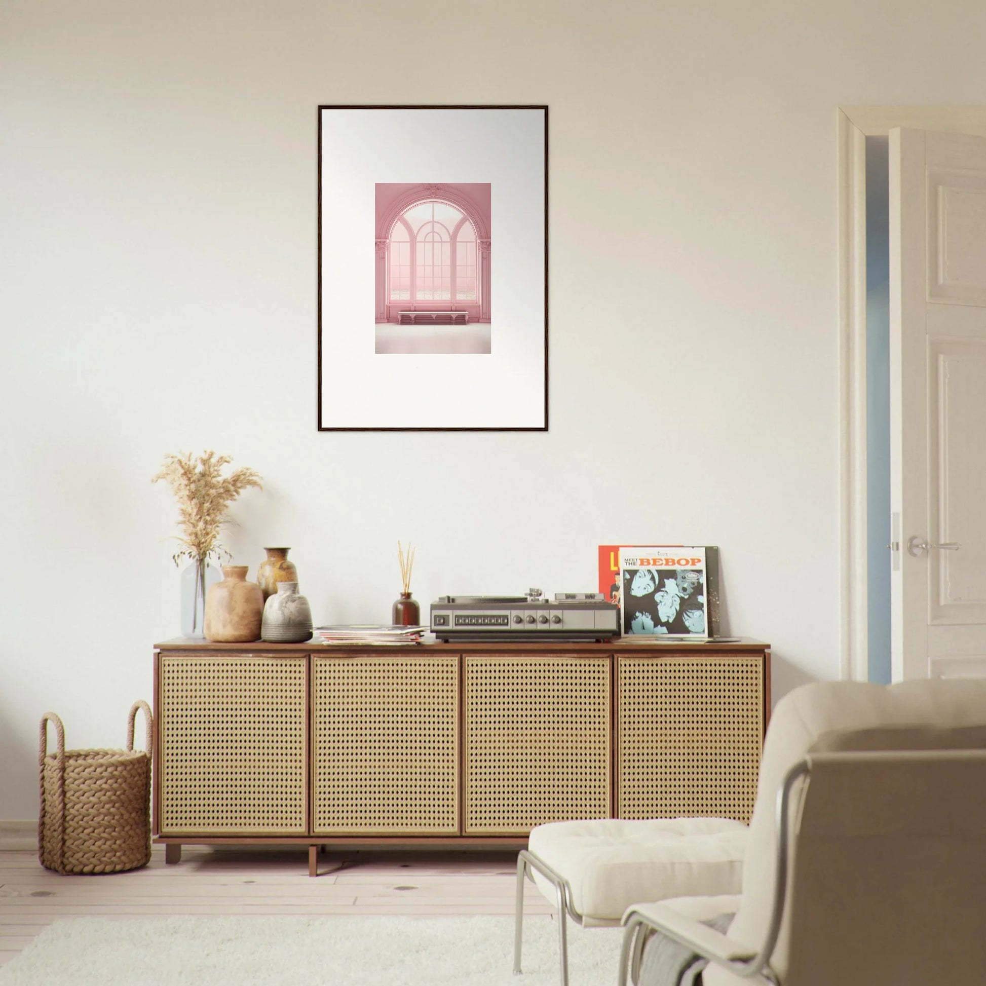 Wooden sideboard with cane webbing doors in natural finish from Solitude’s Rosy Asana