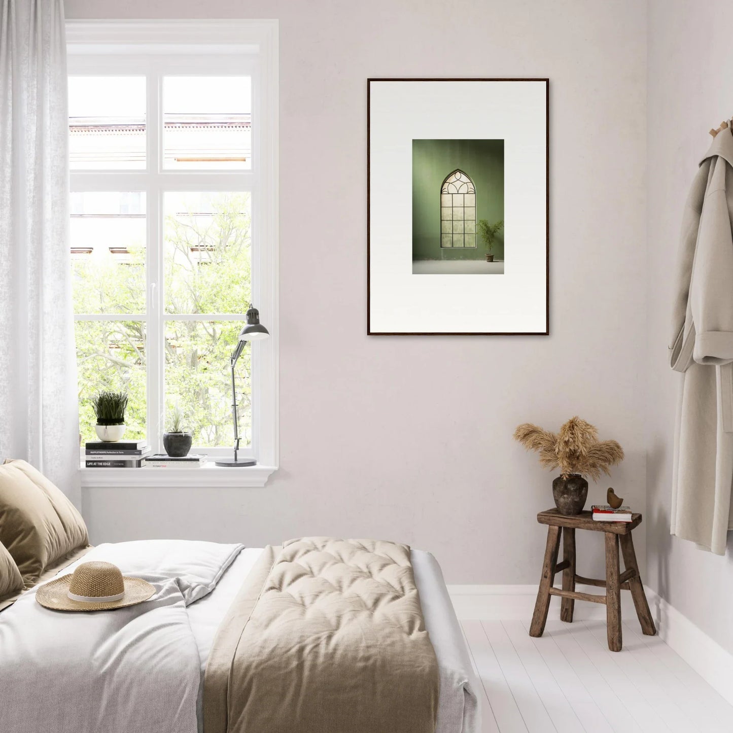 Minimalist bedroom with neutral tones and a Green Crescent premium framed wall art