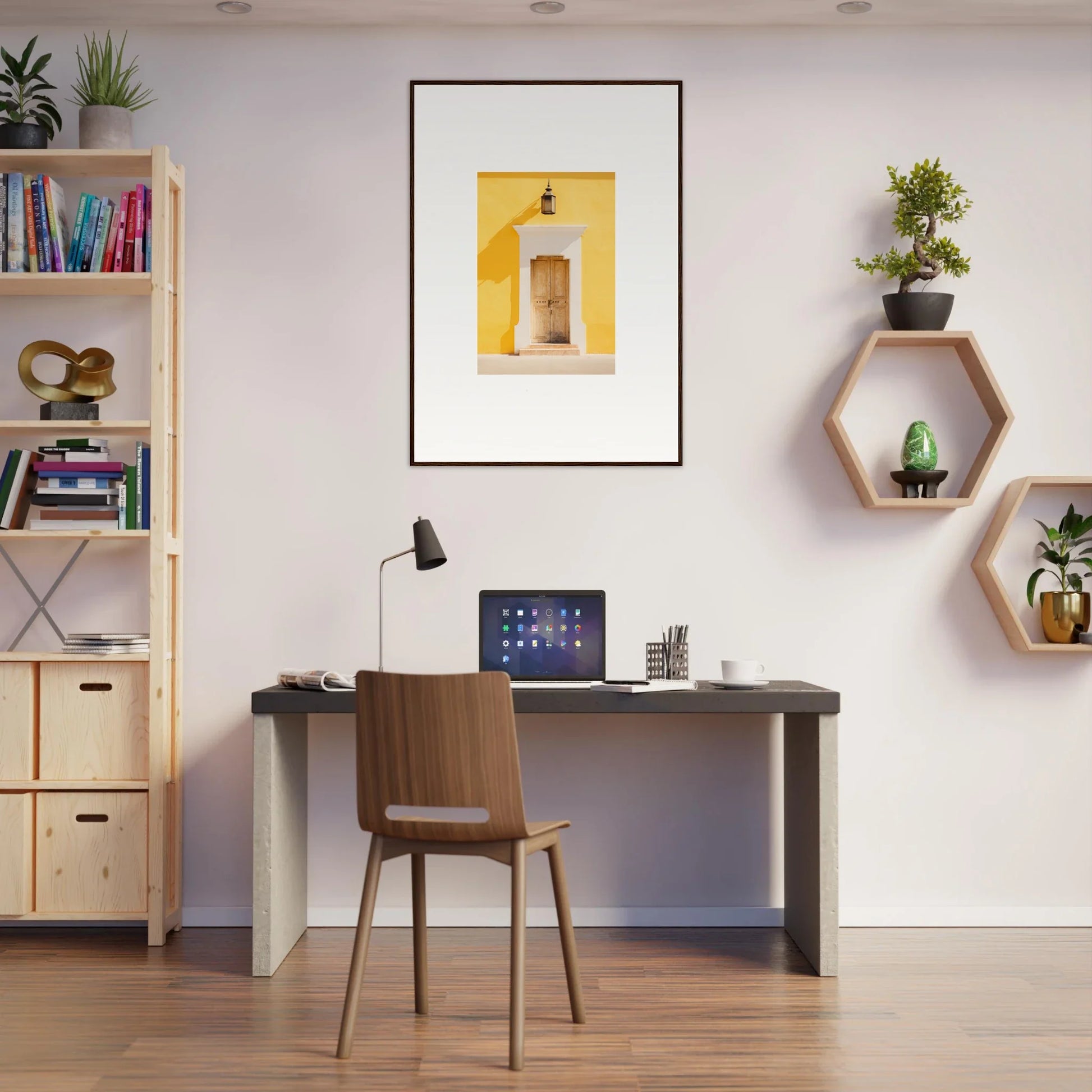 Modern home office with dark desk and wooden chair featuring Golden Hue Portal art