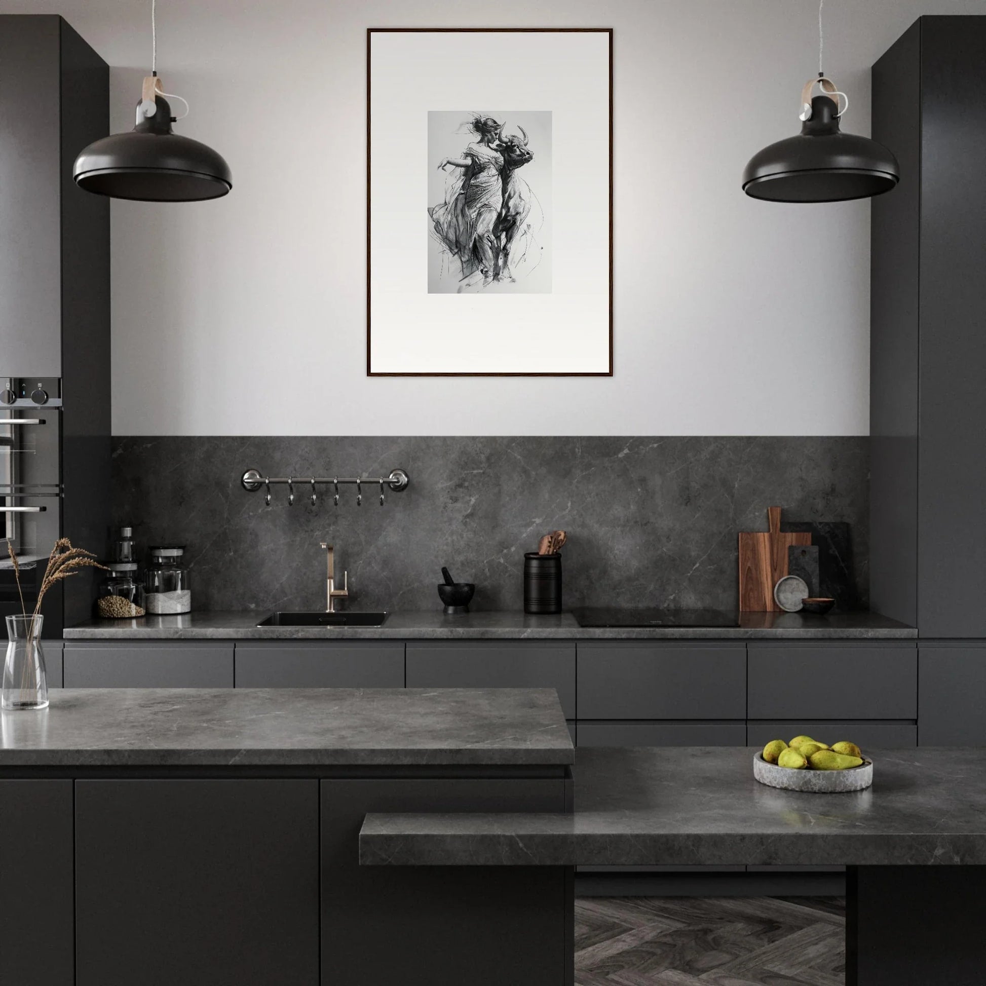 Modern minimalist kitchen with dark gray cabinets and industrial lights from Metaphoric Taurus Whispers